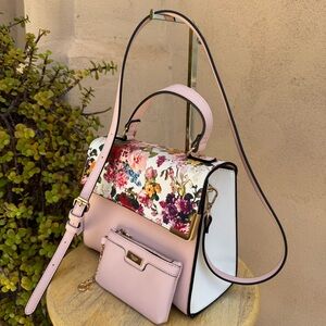 Dune London Pink Floral Structured Handbag with Crossbody Strap and Coin Purse